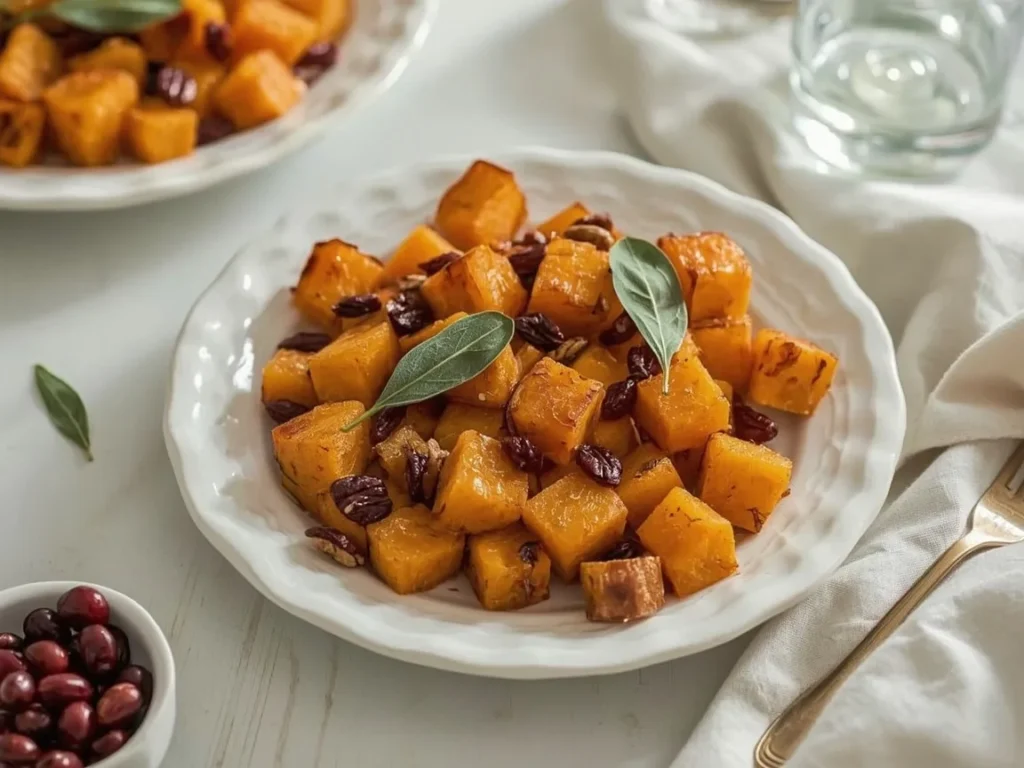 Maple-roasted butternut squash with dried cranberries, pecans and sage on a white platter