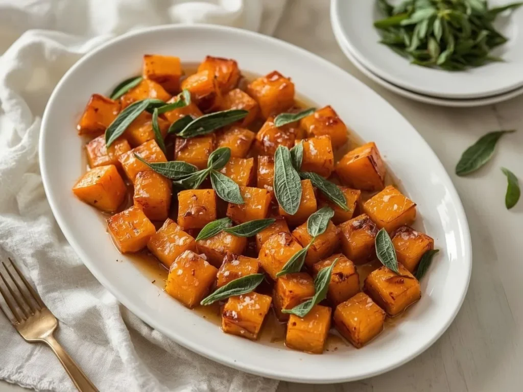 Maple-roasted butternut squash with crispy sage on a platter