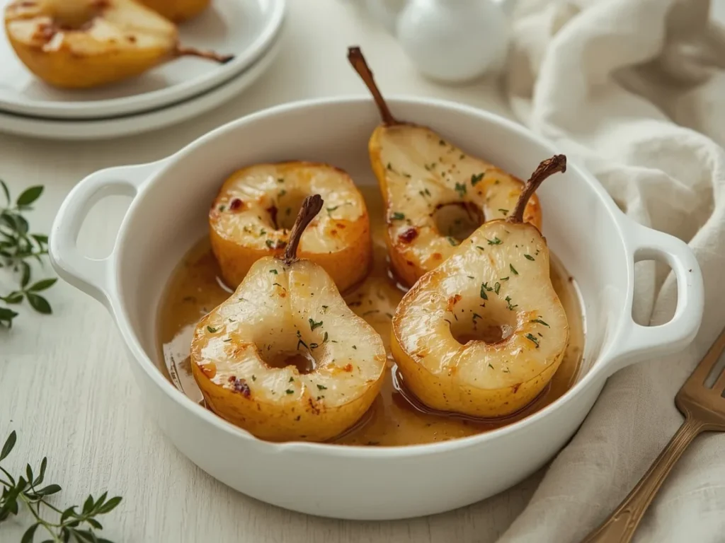 Maple roasted pear halves with caramelized edges in a ceramic dish