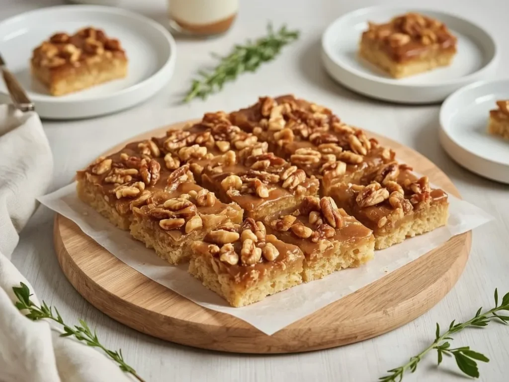 Maple walnut bars with caramel topping on a wooden board
