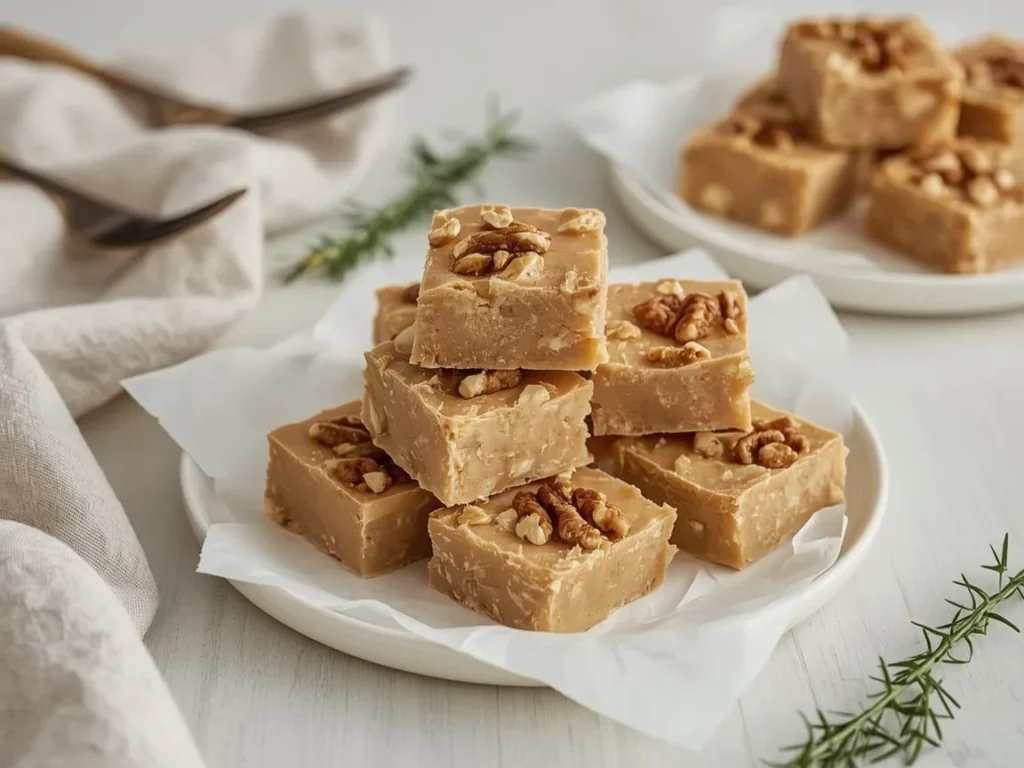 Maple walnut fudge squares with walnuts stacked on parchment
