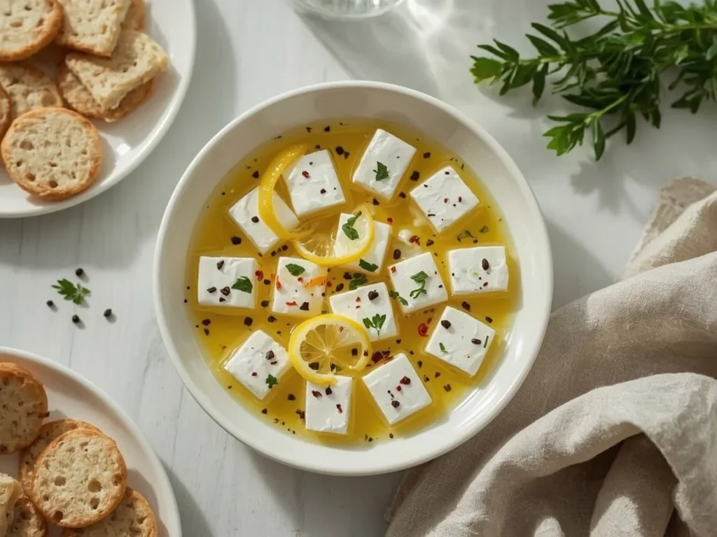 Marinated feta cubes in olive oil with lemon and herbs in a white bowl