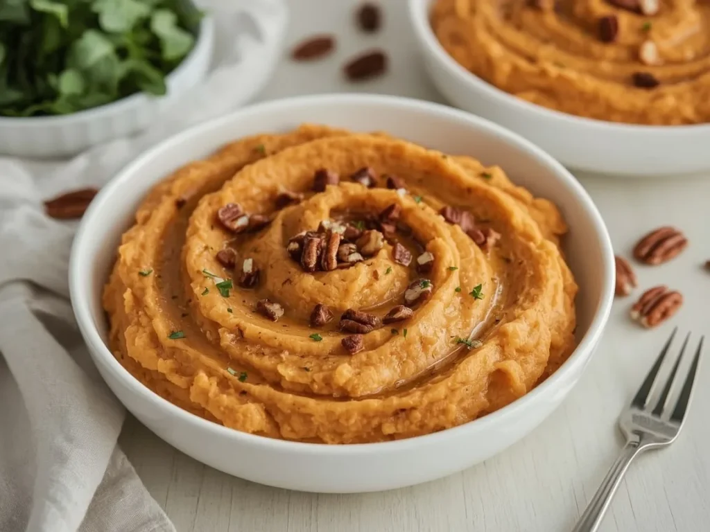 Mashed sweet potatoes with brown butter, maple and pecans