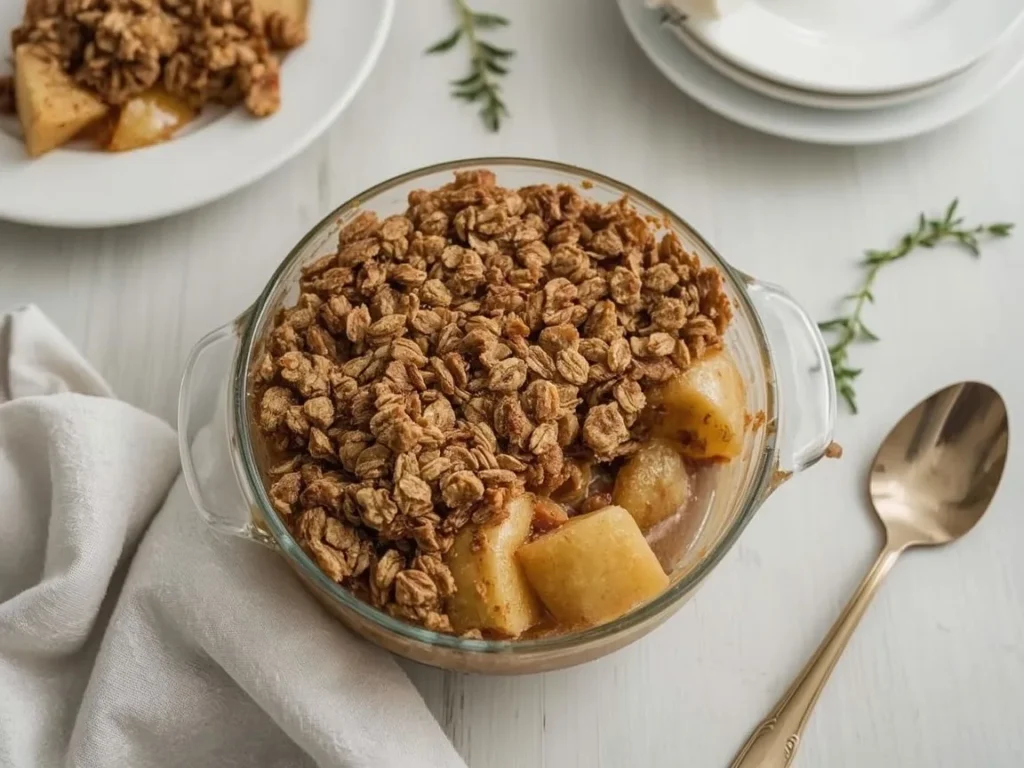 Microwave apple crisp with toasted oat topping in a glass dish
