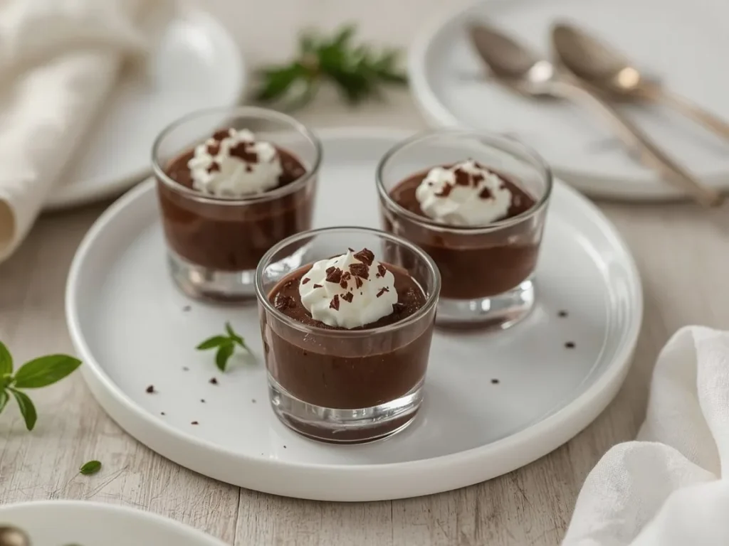 Microwave chocolate pudding in small glasses with whipped cream