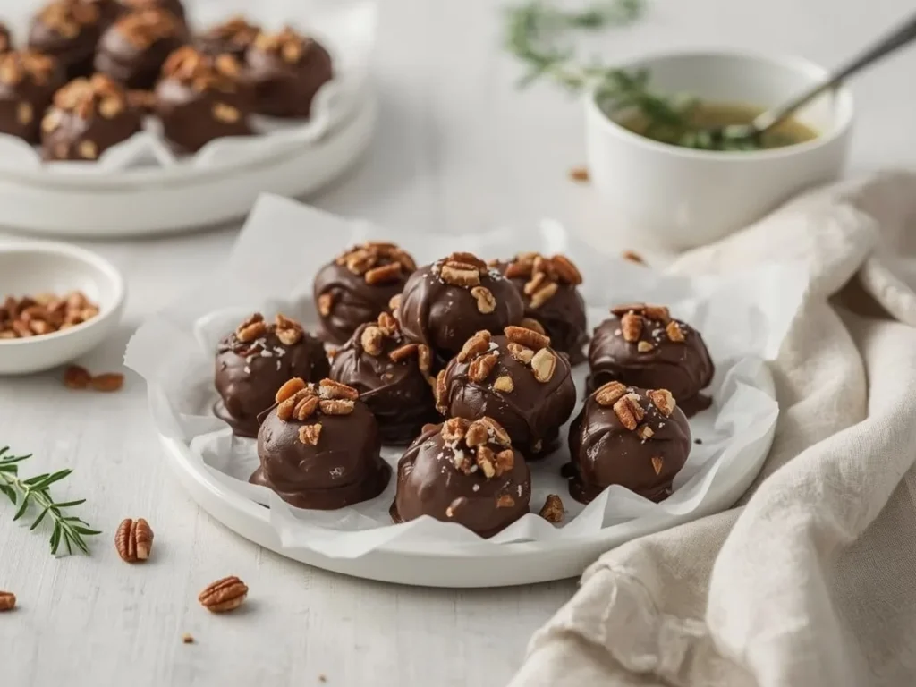 Chocolate turtle clusters with pecans and flaky salt