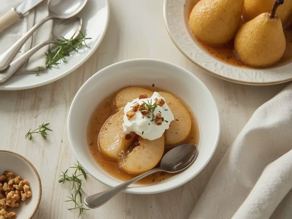 Microwave cinnamon poached pears with yogurt and walnuts