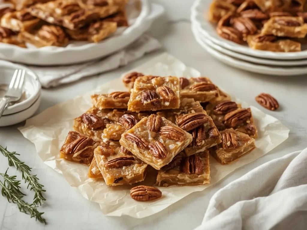 Golden pecan brittle shards on parchment paper