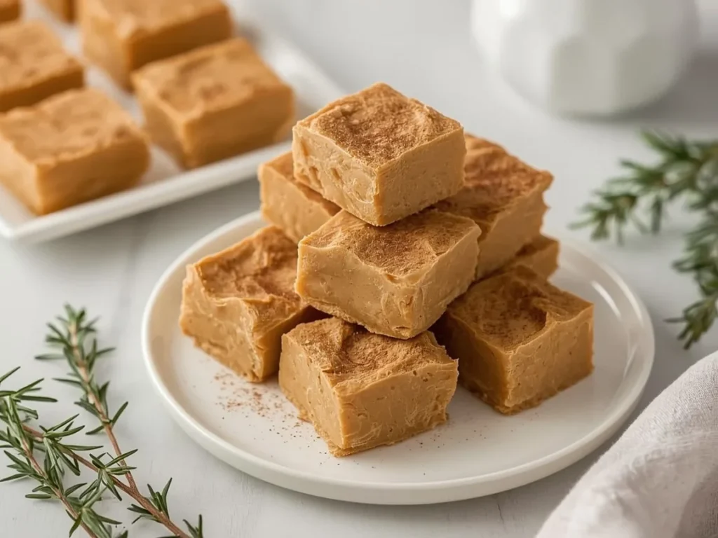 Microwave pumpkin spice fudge squares on a white plate