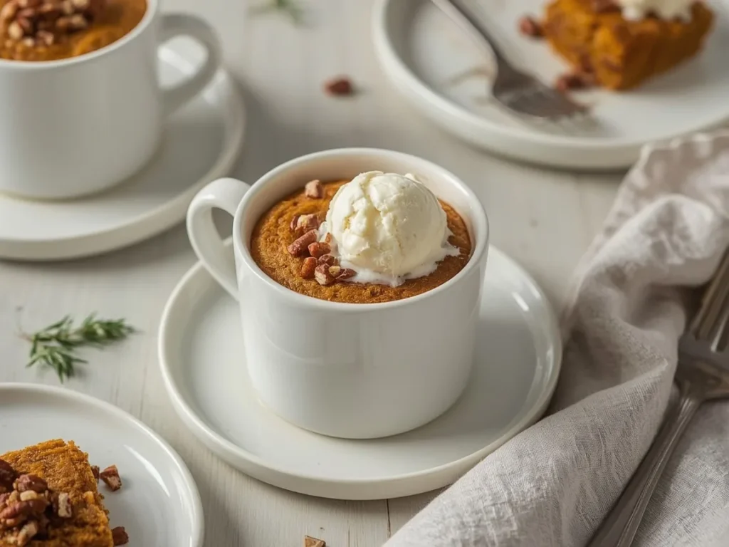 Pumpkin spice mug cake topped with vanilla ice cream and pecans