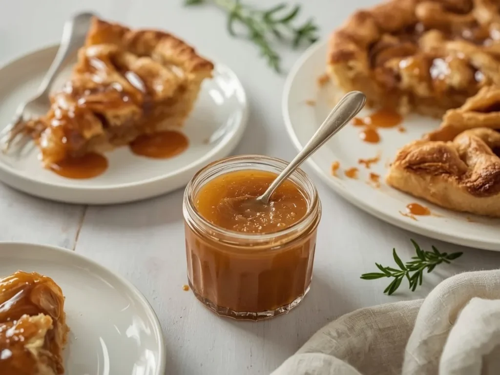 Salted caramel sauce in a glass jar with a drizzle over pie