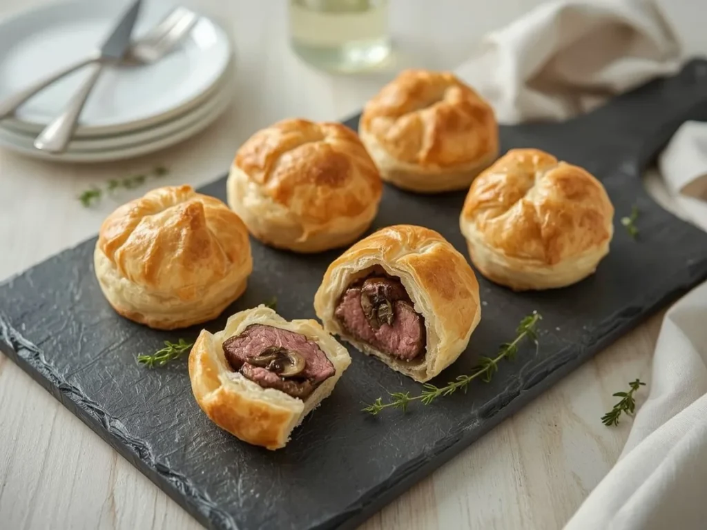 Mini beef Wellington bites in golden puff pastry on a slate board