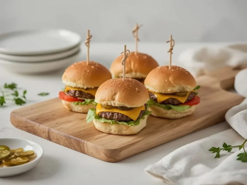 Mini cheeseburger sliders with melted cheddar and pickles on a wooden board