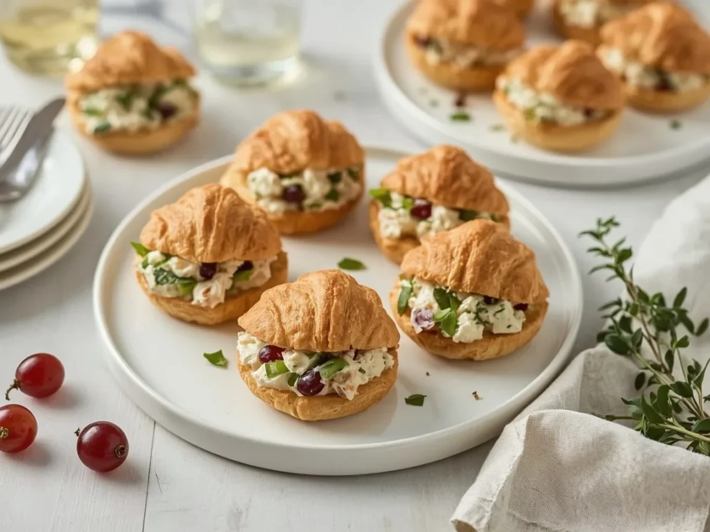 Mini croissants filled with chicken salad, grapes and tarragon on a white platter