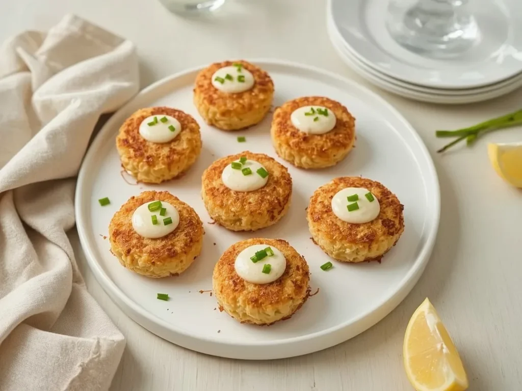 Mini crab cakes topped with lemon-chive sauce on a white platter