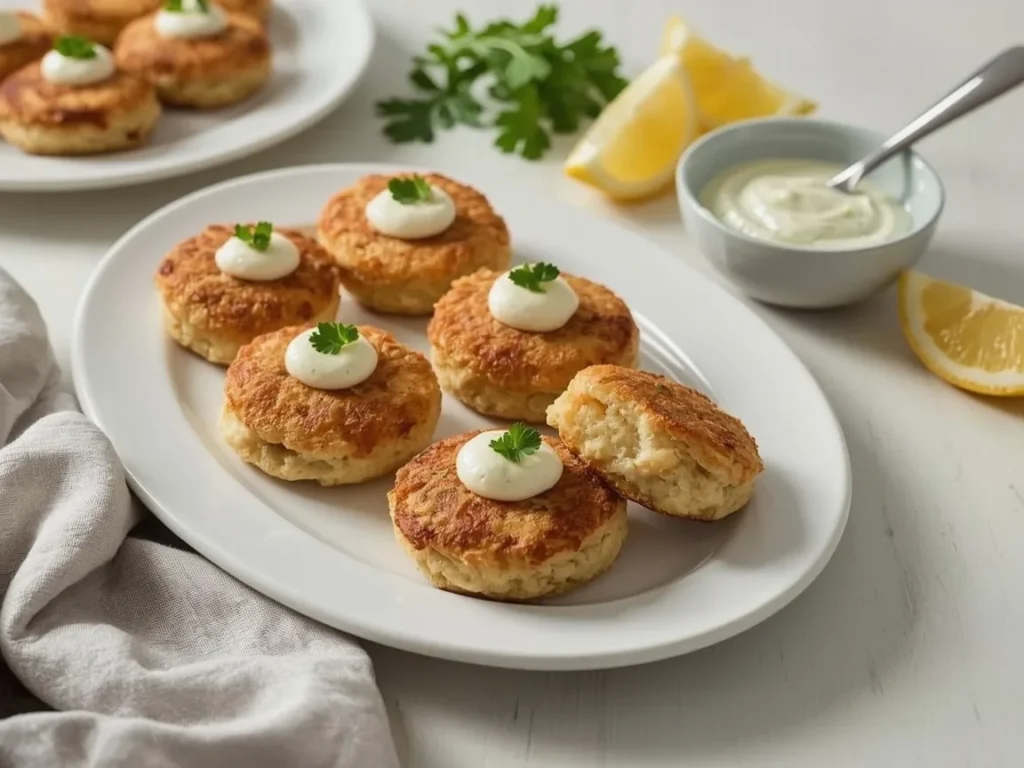 Mini crab cakes topped with lemon remoulade and parsley on a white platter