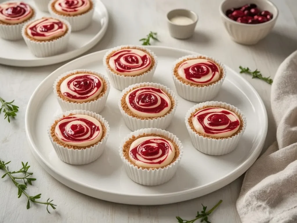 Mini cranberry swirl cheesecakes in paper liners