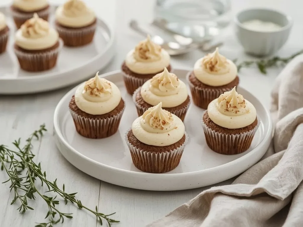 Mini gingerbread cupcakes with cream cheese frosting on a tray