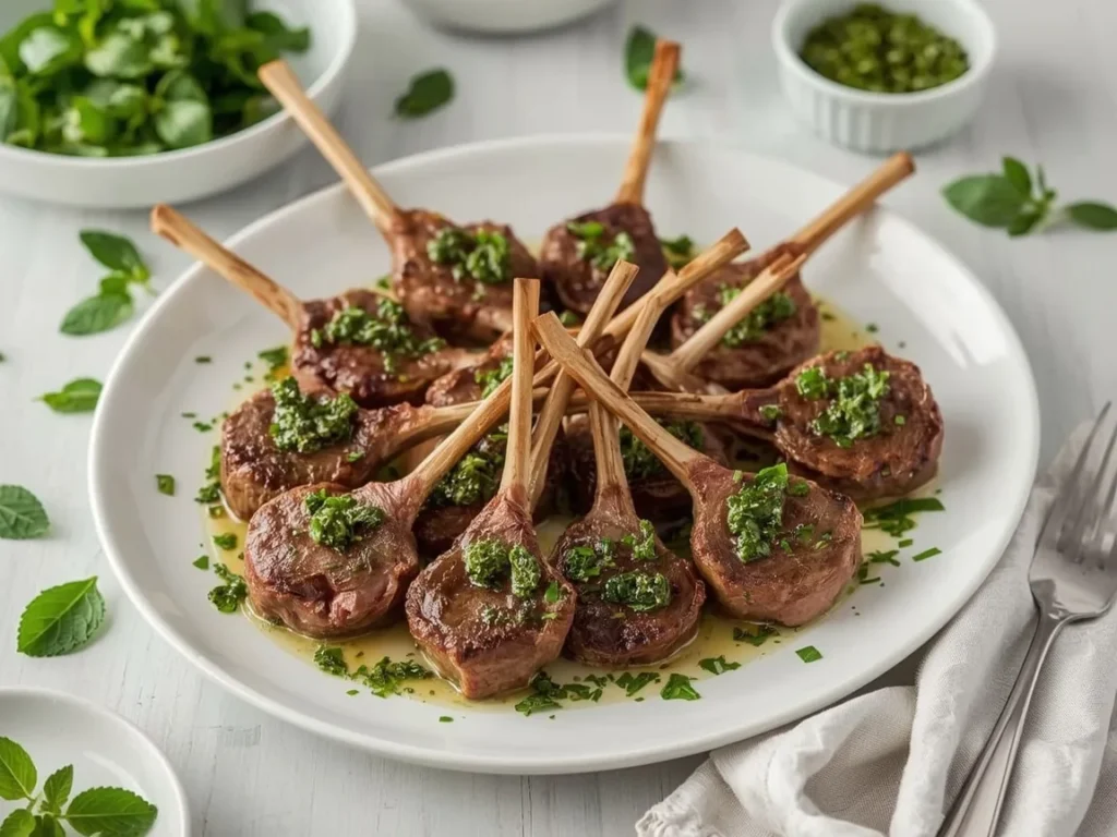 Mini lamb chops with mint pesto arranged on a white platter