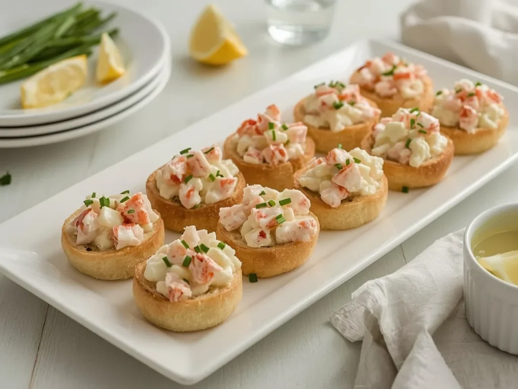 Mini lobster rolls with lemony lobster salad on a white platter