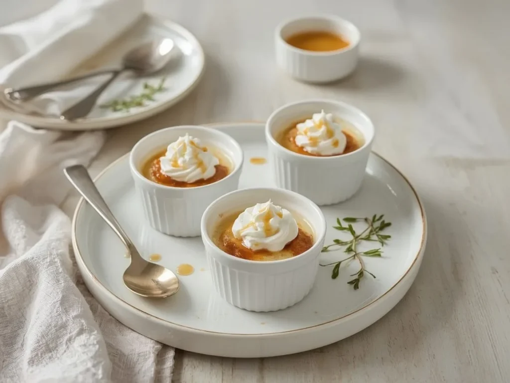 Mini maple pots de crème with whipped cream on a tray