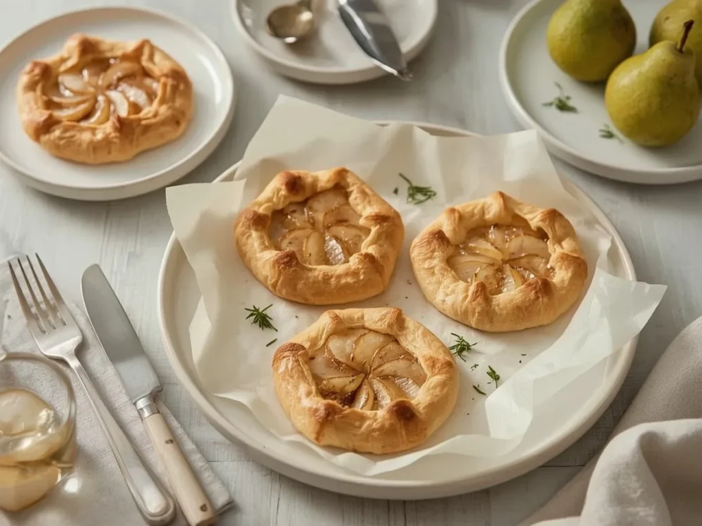 Mini pear galettes with glazed pear slices on parchment