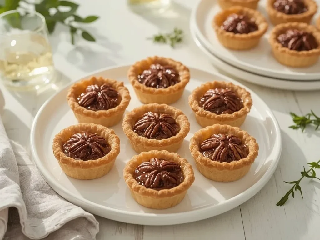 Mini pecan pies with glossy pecan filling on a white platter