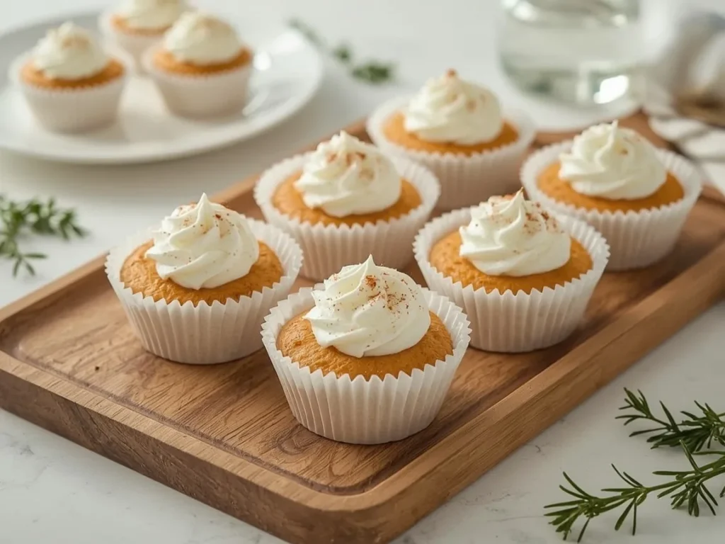 Mini pumpkin cheesecakes with whipped cream on a wooden tray