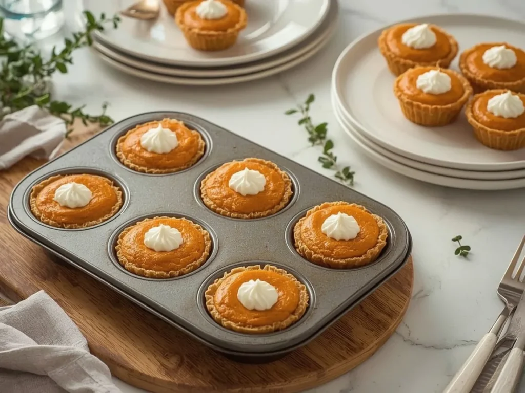 Mini pumpkin pies with whipped cream on a wooden board