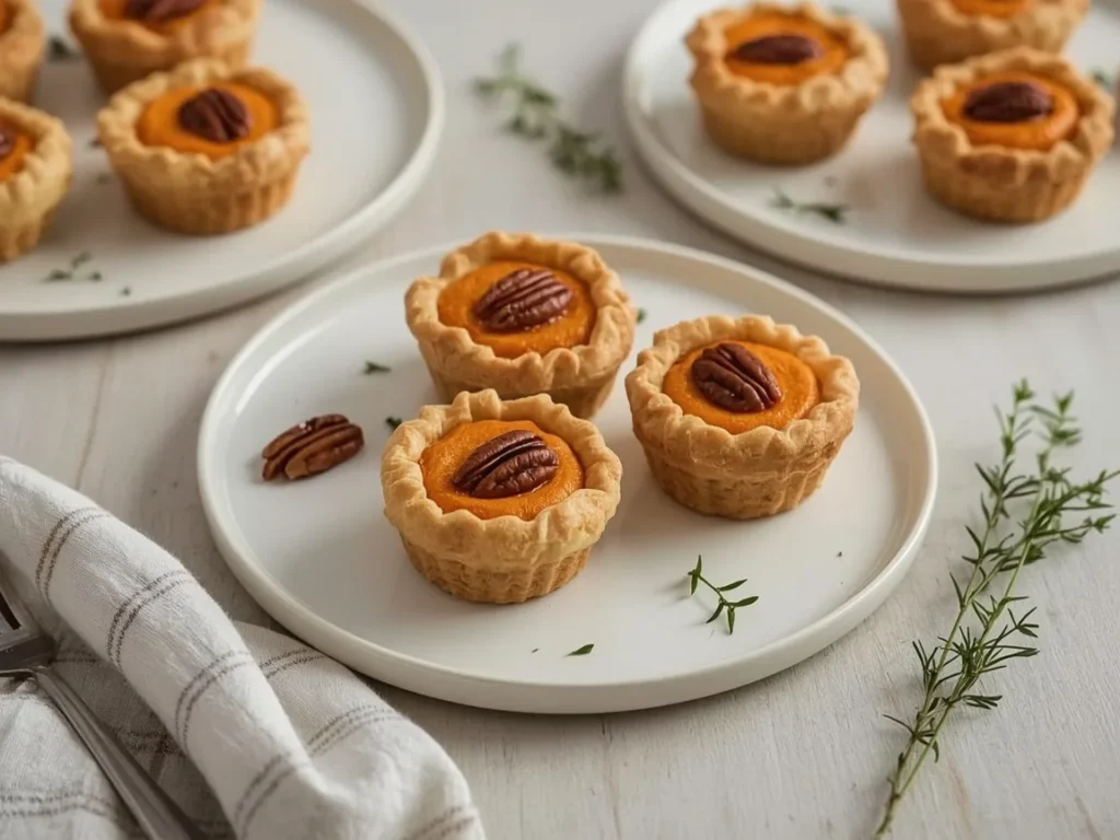 Mini sweet potato pies topped with pecan halves