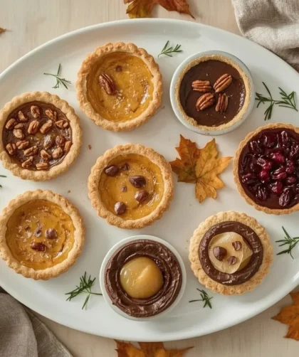 Mini Thanksgiving desserts including mini pumpkin pies, pecan pies, cheesecakes and tarts