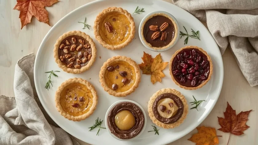 Mini Thanksgiving desserts including mini pumpkin pies, pecan pies, cheesecakes and tarts
