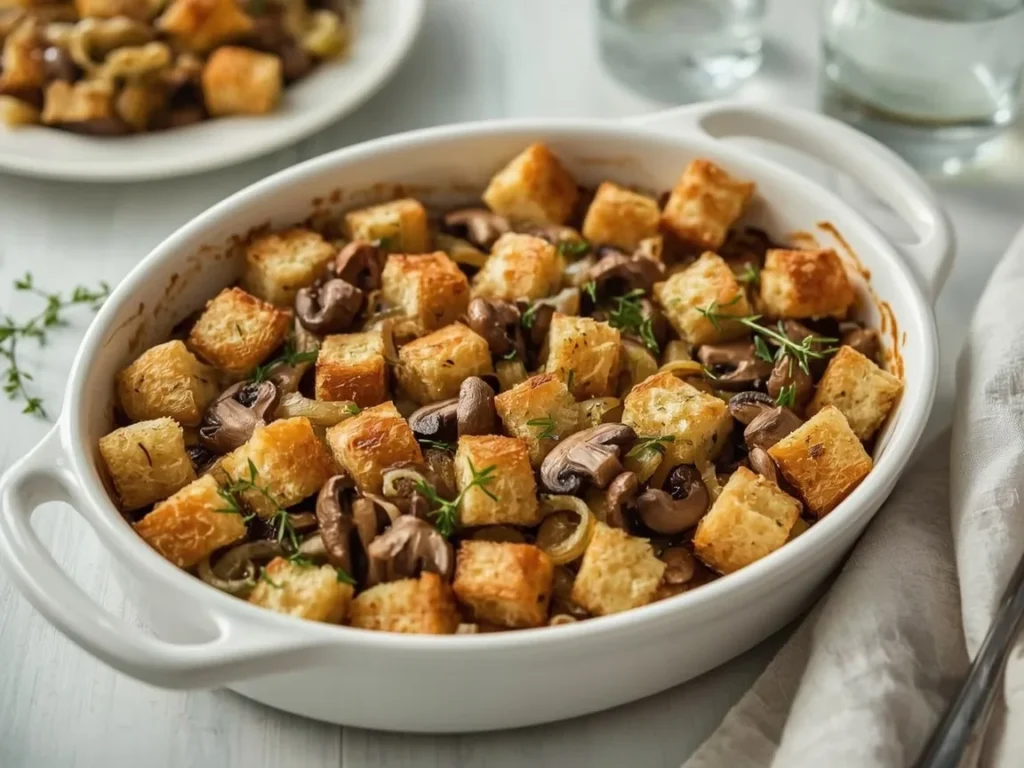 Mushroom and leek stuffing in a gratin dish