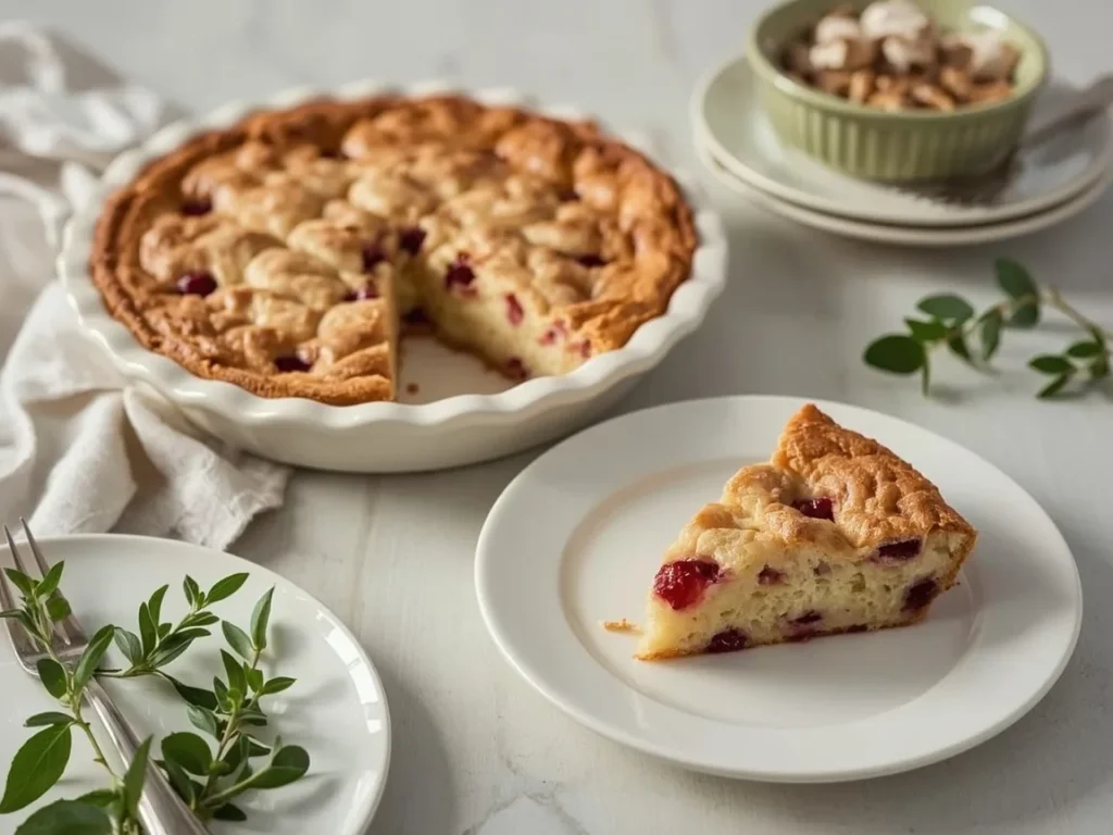 Nantucket cranberry cake with a golden top and a slice on a plate