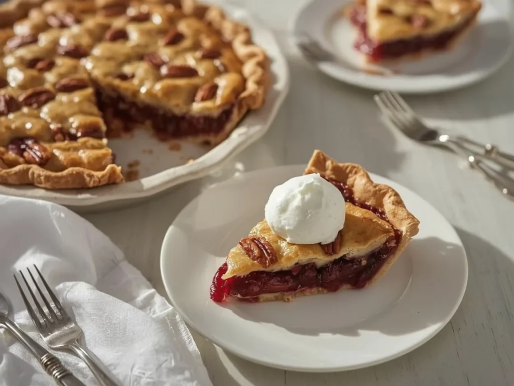 Nantucket cranberry pie with a slice and whipped cream