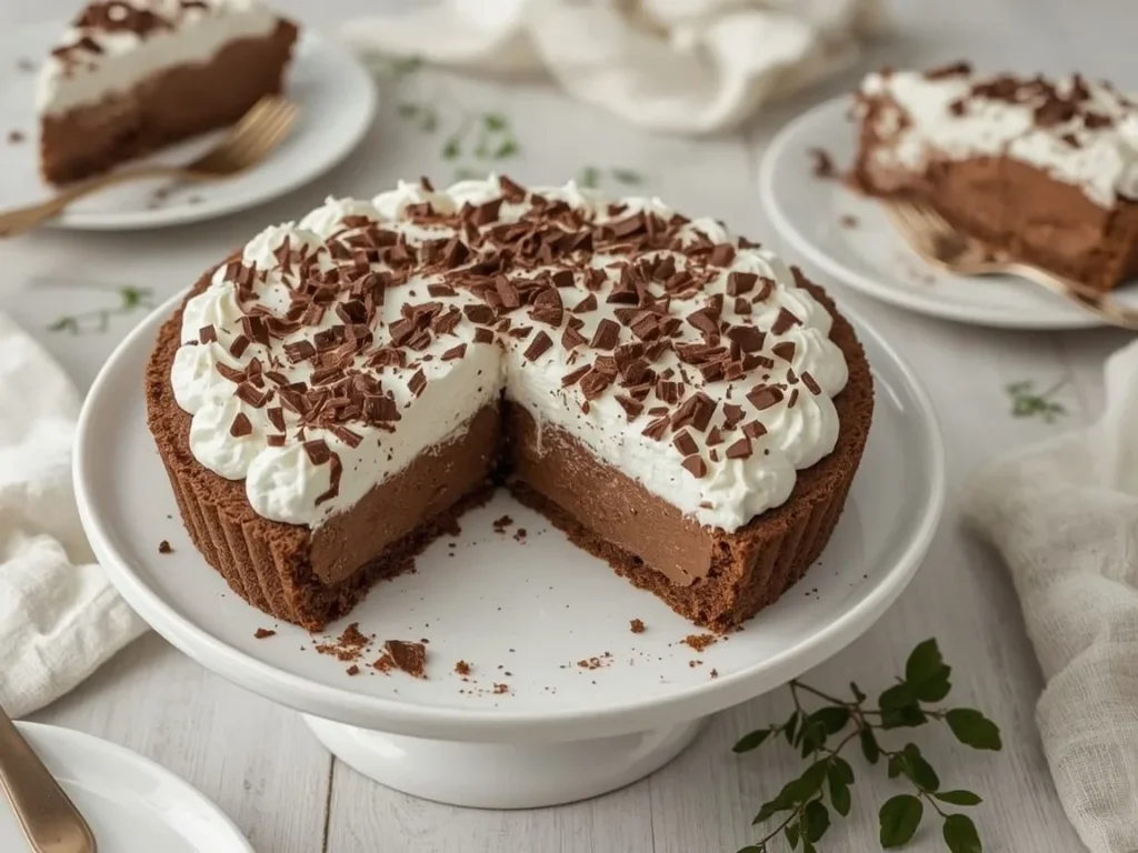 Chocolate cream pie with whipped cream and chocolate shavings