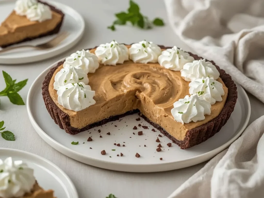 No-bake chocolate peanut butter pie with a slice cut