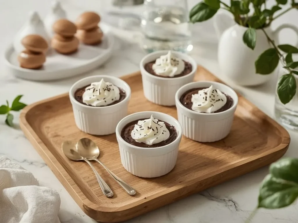 Chocolate pots de crème with whipped cream and shaved chocolate