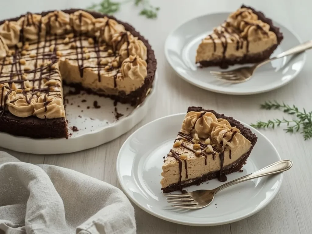 No-bake chocolate peanut butter pie with chocolate drizzle and peanuts