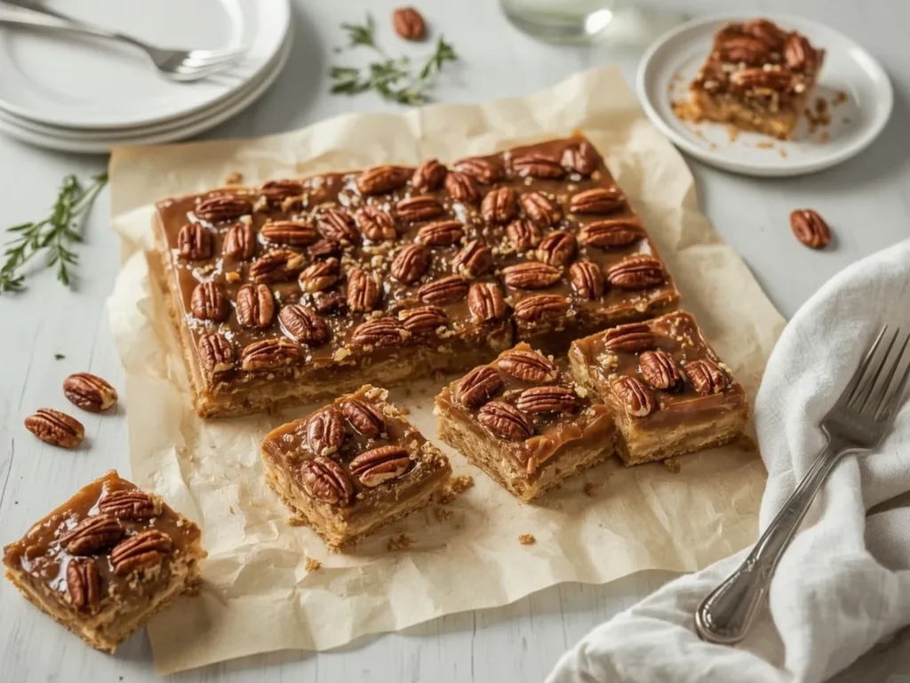 No-bake pecan pie bars with caramel pecan topping on parchment