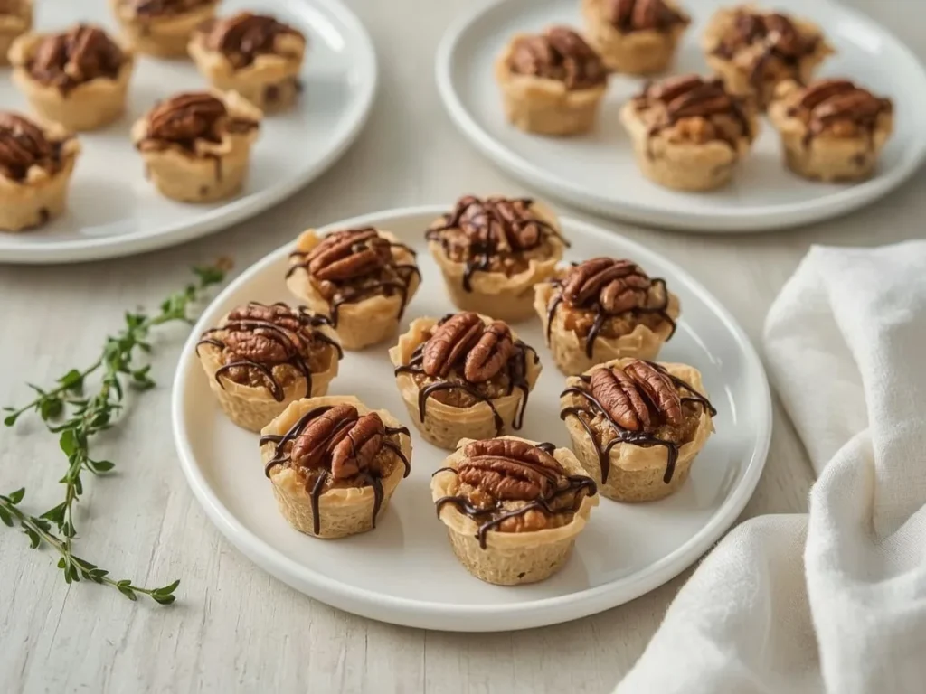No-bake pecan pie bites topped with pecan halves and chocolate drizzle