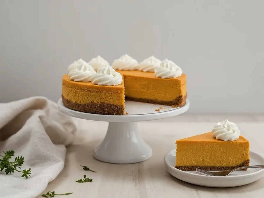 No-bake pumpkin cheesecake with gingersnap crust and whipped cream