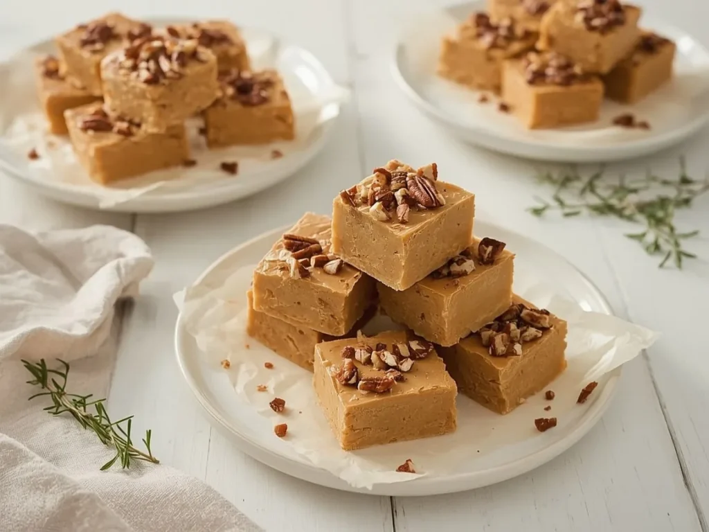 Pumpkin spice fudge squares with chopped pecans on parchment
