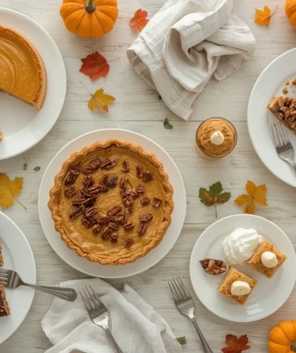No-bake Thanksgiving desserts including pumpkin cheesecake, pecan pie bars, peanut butter pie and parfaits