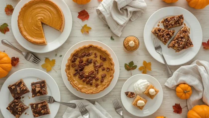 No-bake Thanksgiving desserts including pumpkin cheesecake, pecan pie bars, peanut butter pie and parfaits