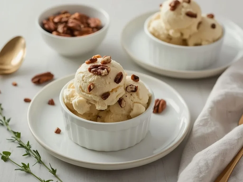 No-churn butter pecan ice cream scoops in bowls