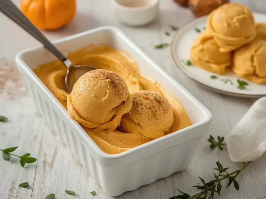 No-churn pumpkin ice cream scooped in a loaf pan