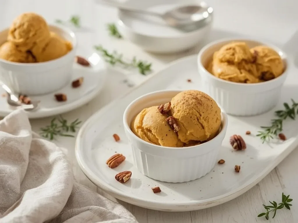 No-churn pumpkin ice cream scoops topped with pecans