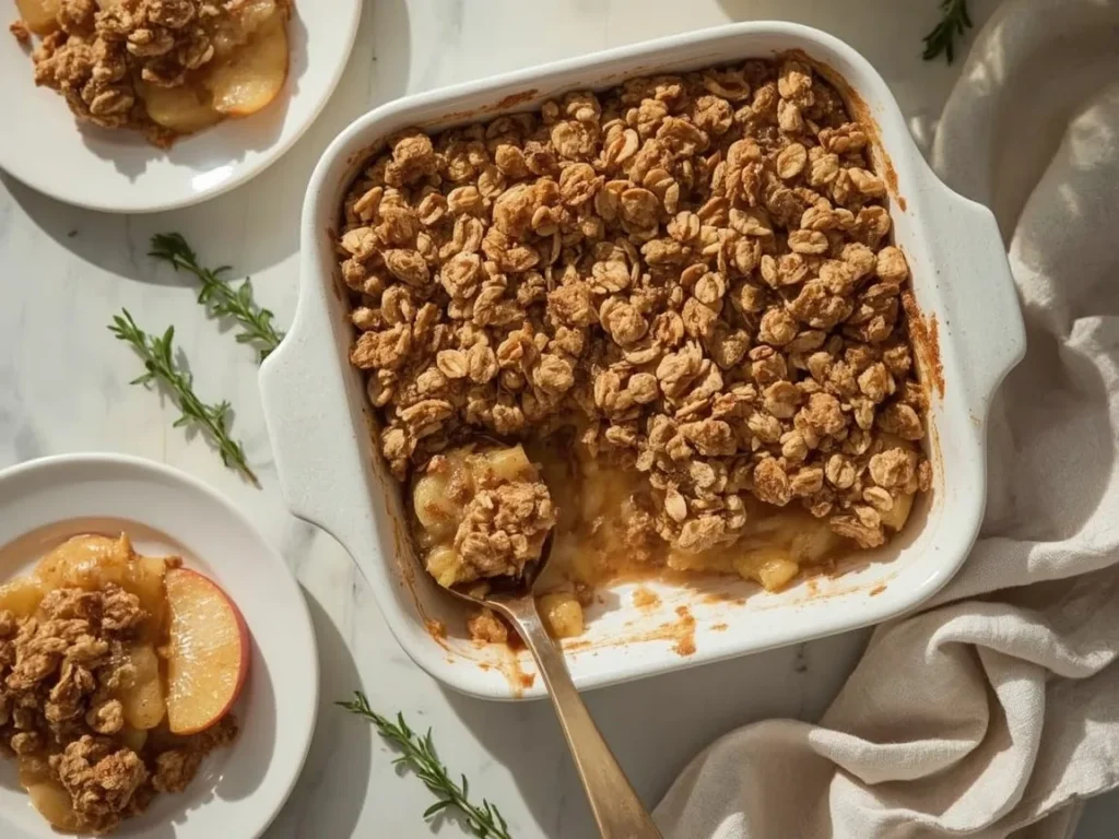 Apple crisp with cinnamon oat topping in a square baking dish