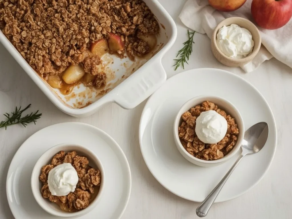 Apple crisp with golden oat topping in a baking dish